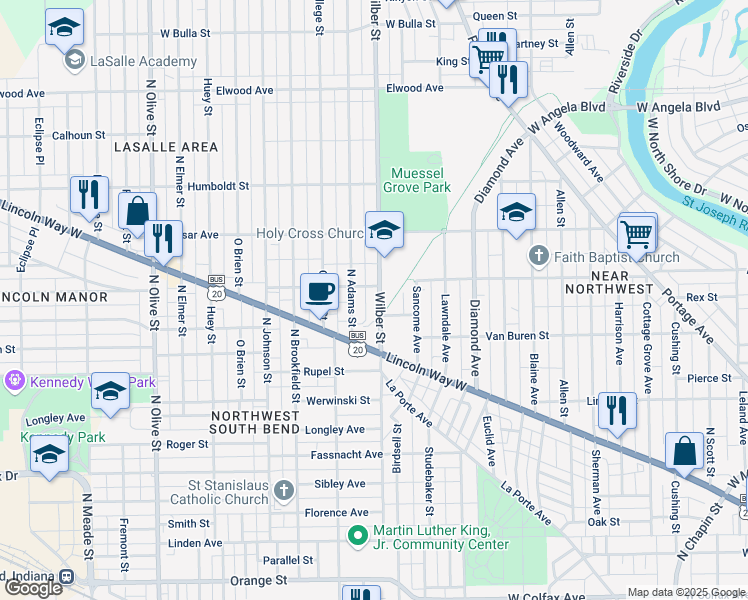 map of restaurants, bars, coffee shops, grocery stores, and more near 913 Wilber Street in South Bend