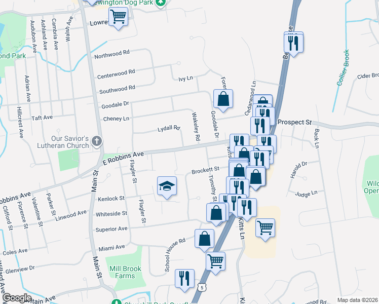 map of restaurants, bars, coffee shops, grocery stores, and more near 169 East Robbins Avenue in Newington