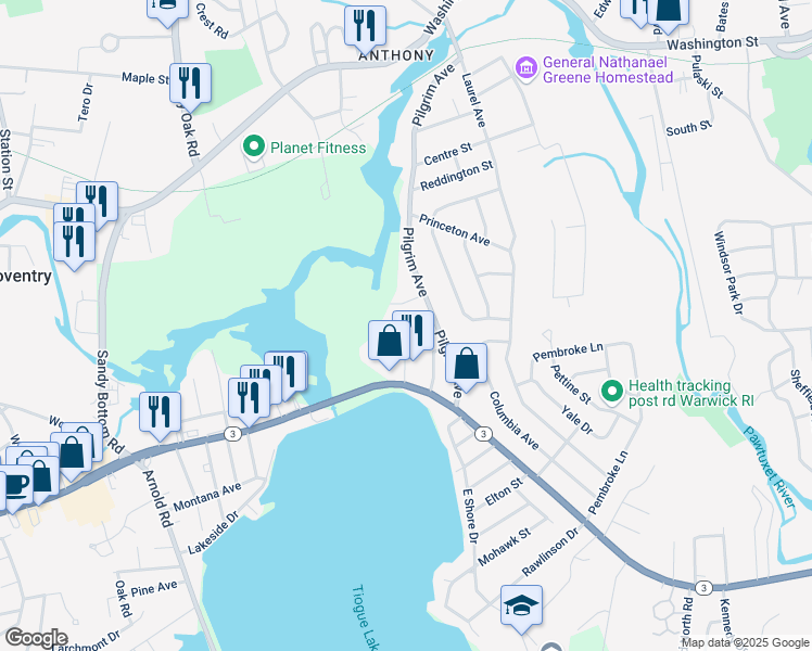 map of restaurants, bars, coffee shops, grocery stores, and more near 12 Dexter Street in Coventry