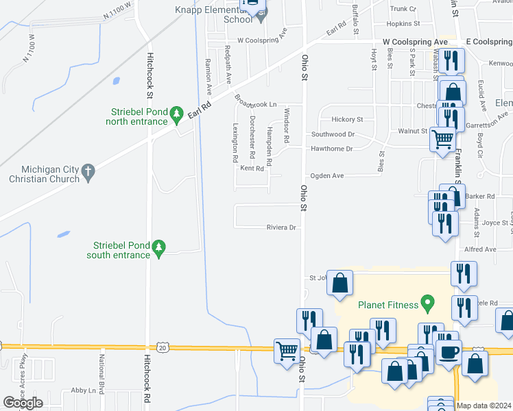 map of restaurants, bars, coffee shops, grocery stores, and more near 183 Riviera Drive in Michigan City