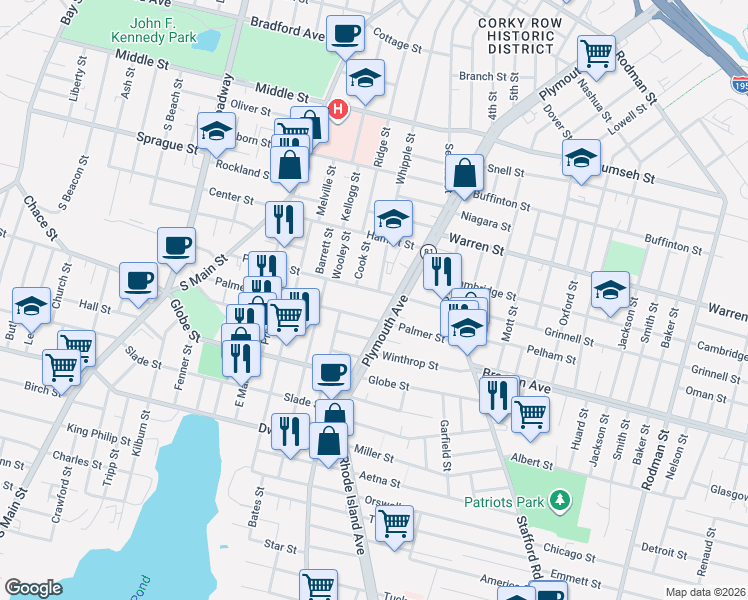 map of restaurants, bars, coffee shops, grocery stores, and more near 385 Palmer Street in Fall River