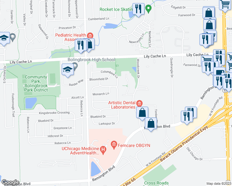 map of restaurants, bars, coffee shops, grocery stores, and more near 389 Wildflower Way in Bolingbrook