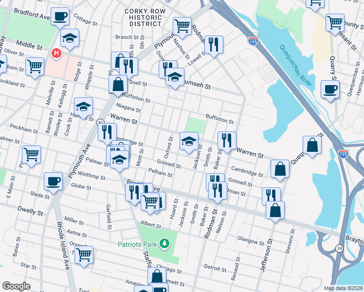 map of restaurants, bars, coffee shops, grocery stores, and more near 185 Williston Street in Fall River