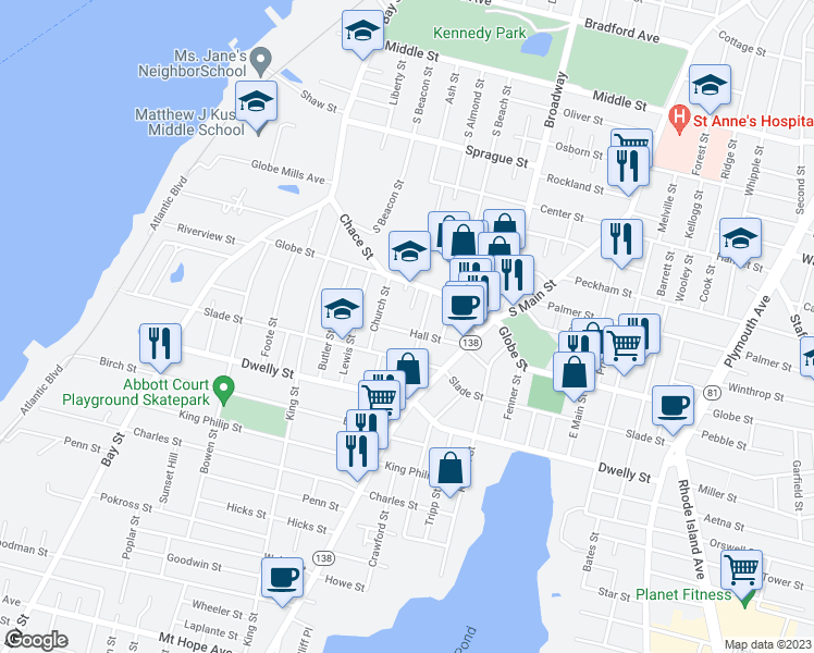 map of restaurants, bars, coffee shops, grocery stores, and more near 64 Hall Street in Fall River