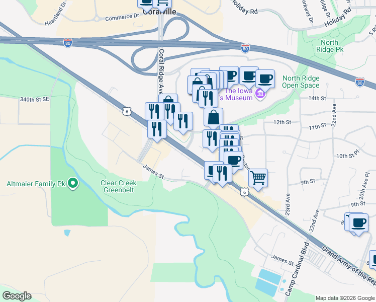 map of restaurants, bars, coffee shops, grocery stores, and more near 2629 2nd Street in Coralville