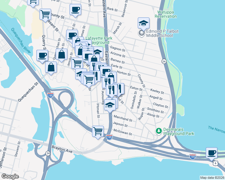 map of restaurants, bars, coffee shops, grocery stores, and more near 800 U.S. 6 in Fall River