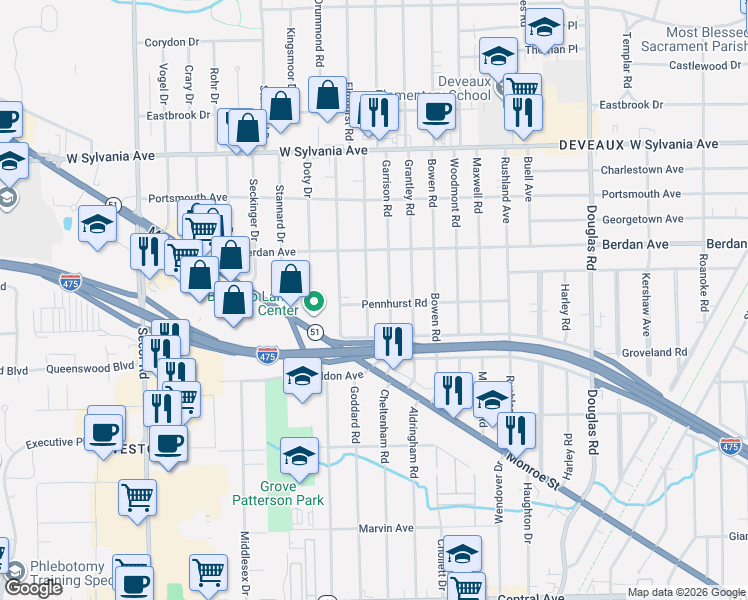 map of restaurants, bars, coffee shops, grocery stores, and more near 3642 Elmhurst Road in Toledo