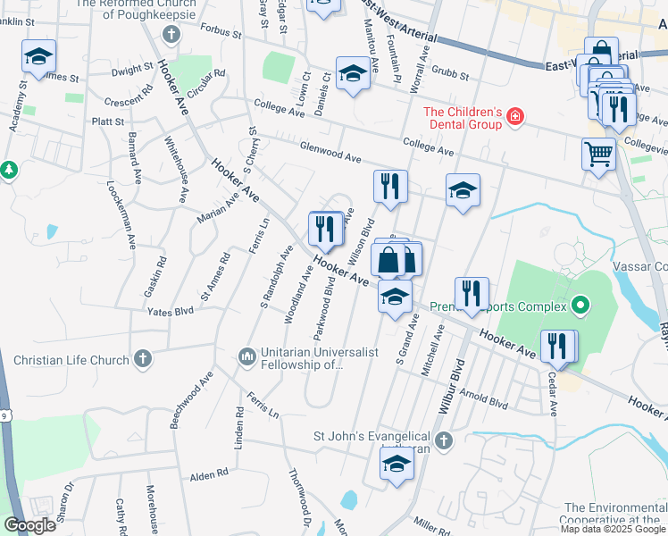 map of restaurants, bars, coffee shops, grocery stores, and more near Hooker Avenue & Parkwood Boulevard in Poughkeepsie