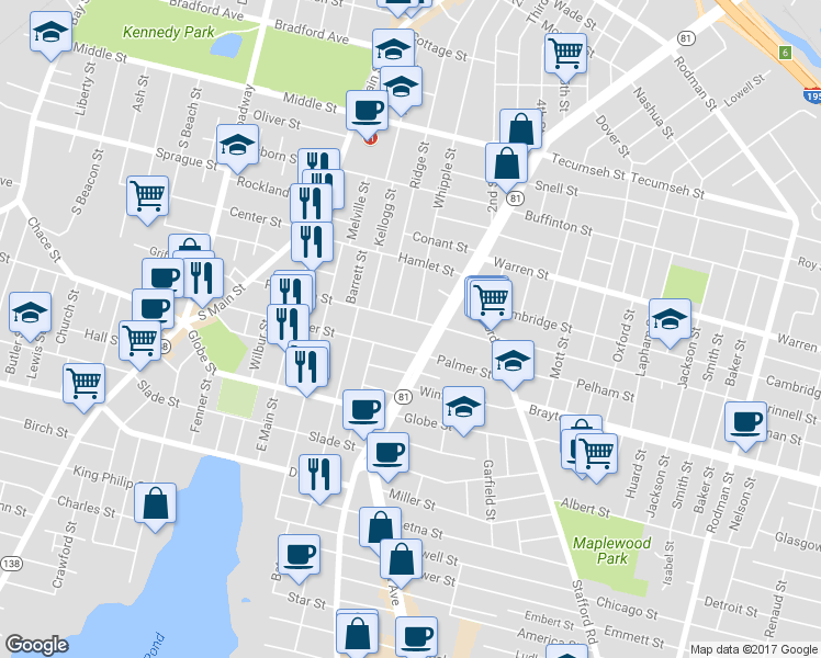 map of restaurants, bars, coffee shops, grocery stores, and more near 385 Palmer Street in Fall River