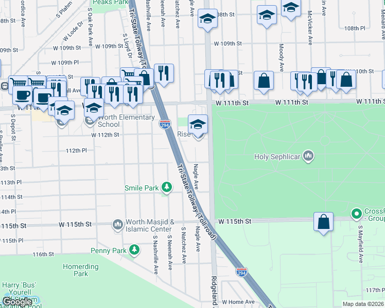 map of restaurants, bars, coffee shops, grocery stores, and more near 11300 Nagle Avenue in Worth