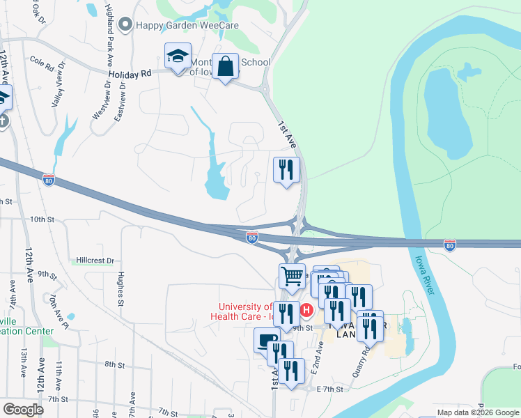 map of restaurants, bars, coffee shops, grocery stores, and more near 31 Redtail Drive in Coralville