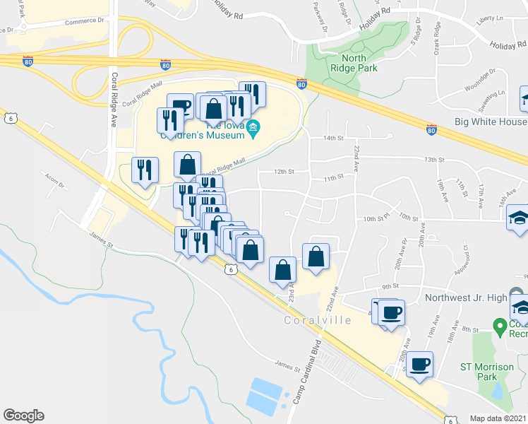 map of restaurants, bars, coffee shops, grocery stores, and more near 919 Boston Way in Coralville