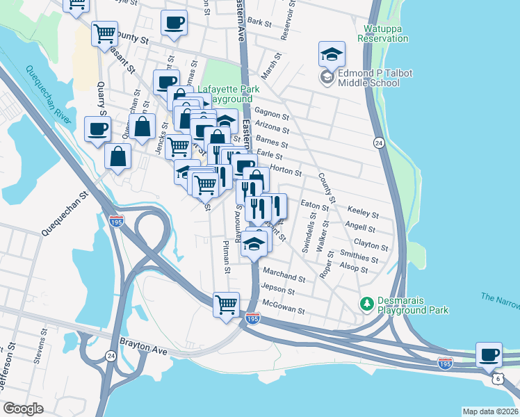 map of restaurants, bars, coffee shops, grocery stores, and more near 800 U.S. 6 in Fall River