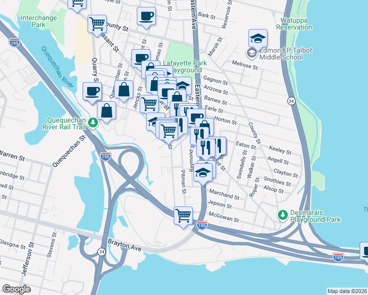 map of restaurants, bars, coffee shops, grocery stores, and more near 83 Raymond Street in Fall River