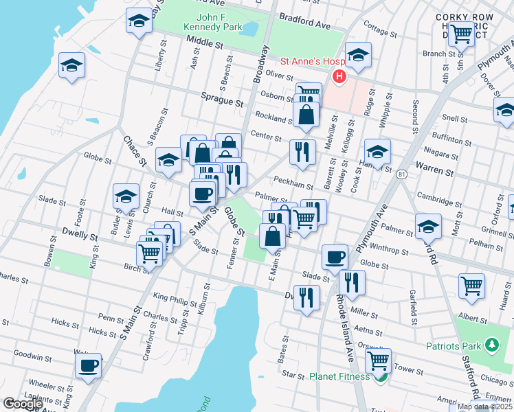 map of restaurants, bars, coffee shops, grocery stores, and more near 83 Wilbur Street in Fall River