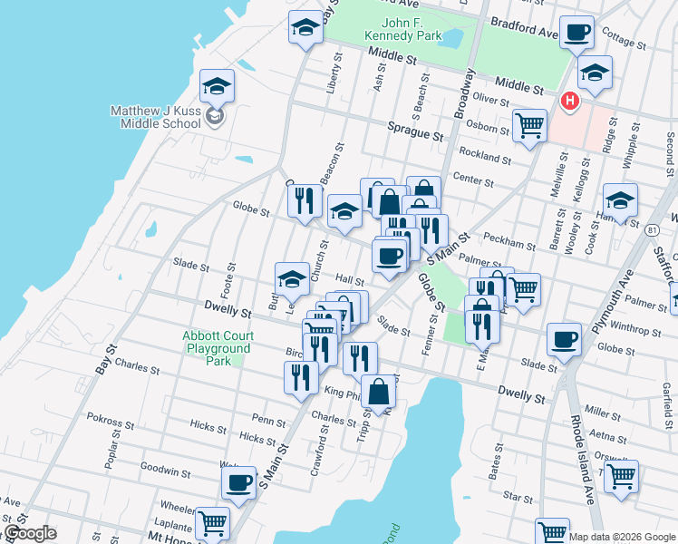 map of restaurants, bars, coffee shops, grocery stores, and more near 608 Slade Street in Fall River