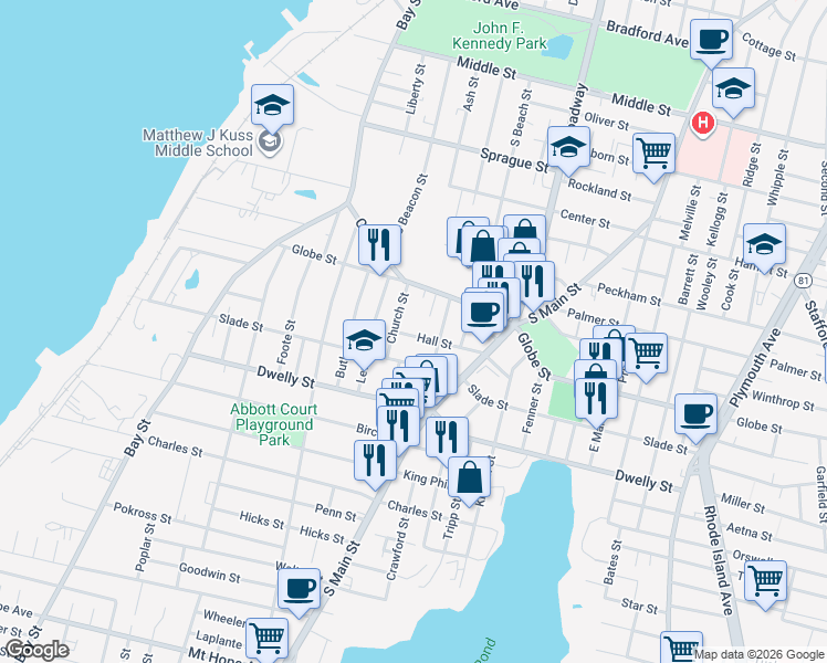 map of restaurants, bars, coffee shops, grocery stores, and more near 608 Slade Street in Fall River