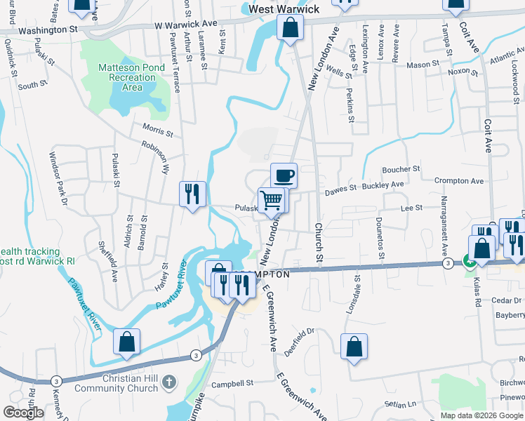 map of restaurants, bars, coffee shops, grocery stores, and more near 1675 Main Street in West Warwick