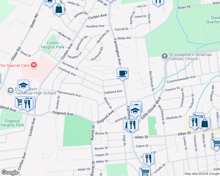 map of restaurants, bars, coffee shops, grocery stores, and more near 42 Oakland Avenue in New Britain