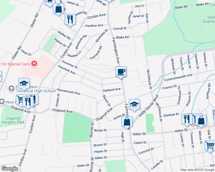 map of restaurants, bars, coffee shops, grocery stores, and more near 74 Beach Street in New Britain