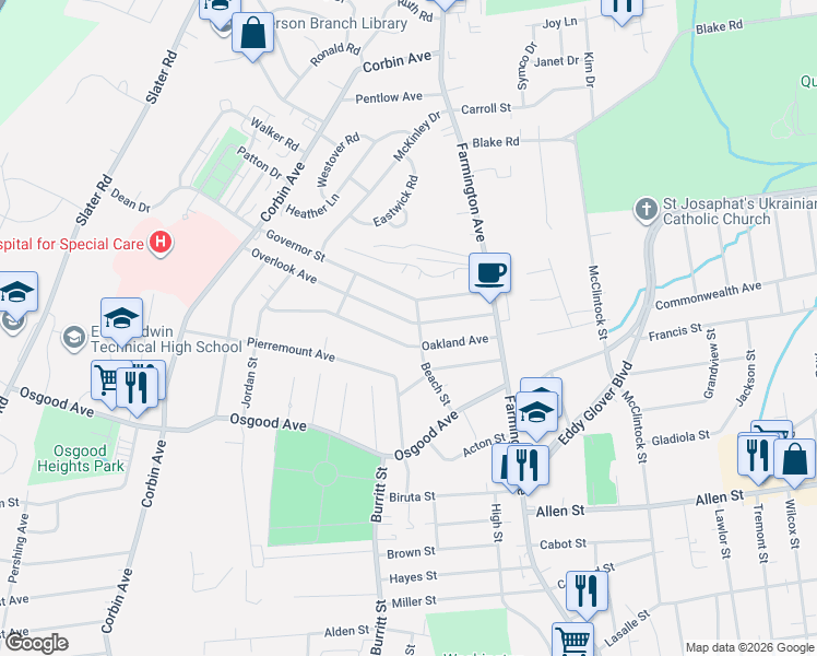 map of restaurants, bars, coffee shops, grocery stores, and more near 74 Beach Street in New Britain