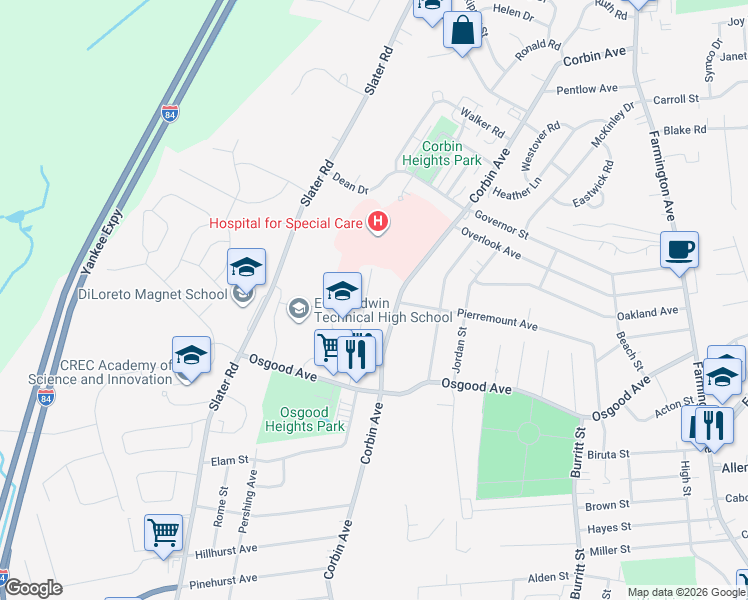 map of restaurants, bars, coffee shops, grocery stores, and more near 79 Neanda Street in New Britain