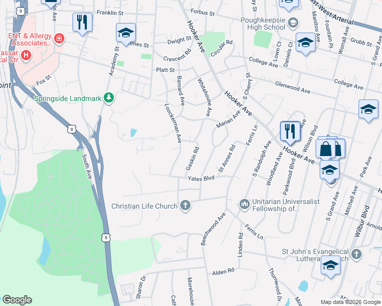 map of restaurants, bars, coffee shops, grocery stores, and more near 4 Gaskin Road in Poughkeepsie