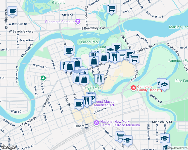map of restaurants, bars, coffee shops, grocery stores, and more near 232 Waterfall Dr in Elkhart