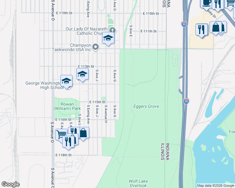 map of restaurants, bars, coffee shops, grocery stores, and more near 11459 South Avenue G in Chicago