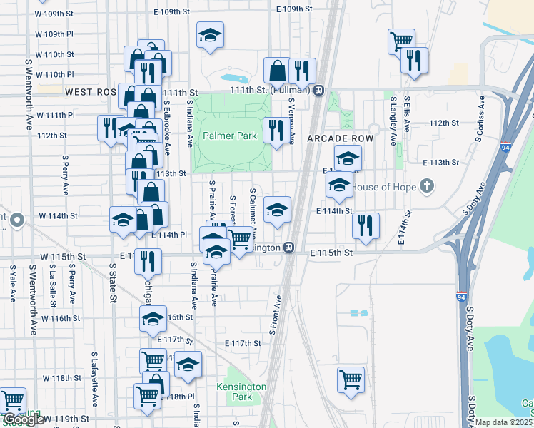 map of restaurants, bars, coffee shops, grocery stores, and more near 11426 South King Drive in Chicago