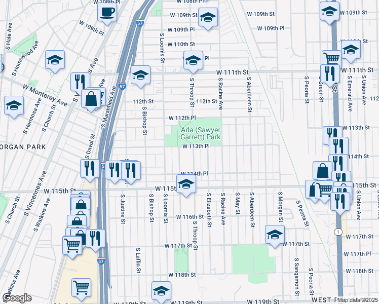 map of restaurants, bars, coffee shops, grocery stores, and more near 11401 South Throop Street in Chicago