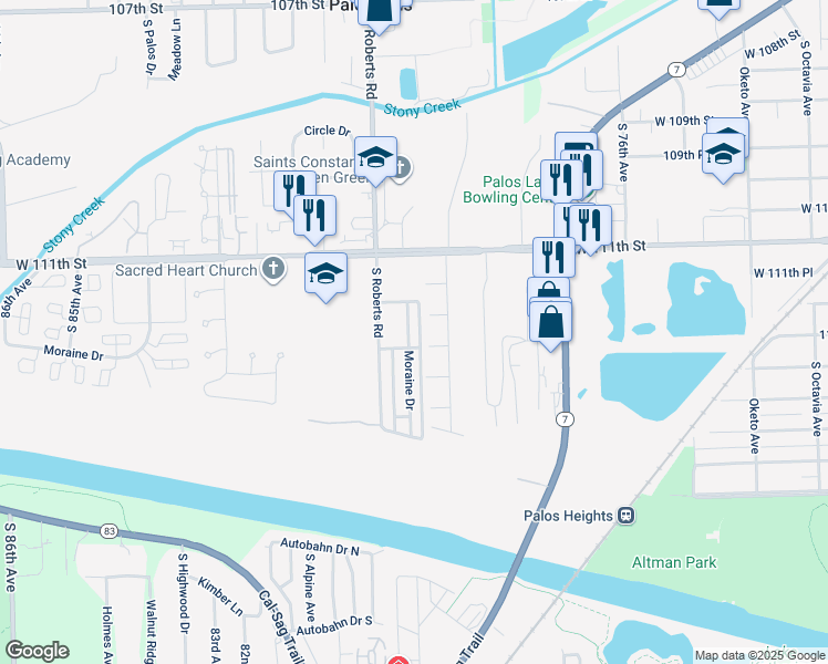 map of restaurants, bars, coffee shops, grocery stores, and more near 7959 112th Place in Palos Hills