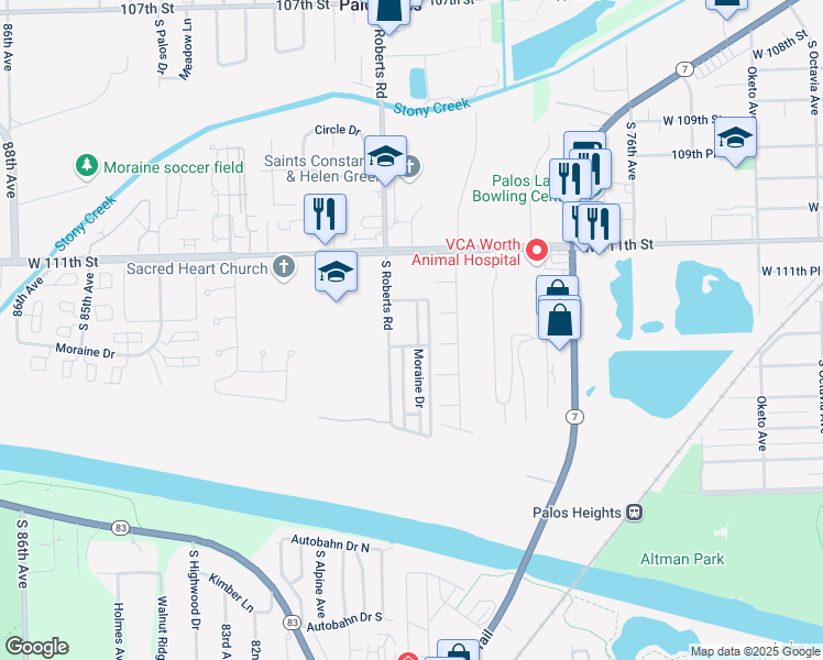 map of restaurants, bars, coffee shops, grocery stores, and more near 7959 112th Place in Palos Hills