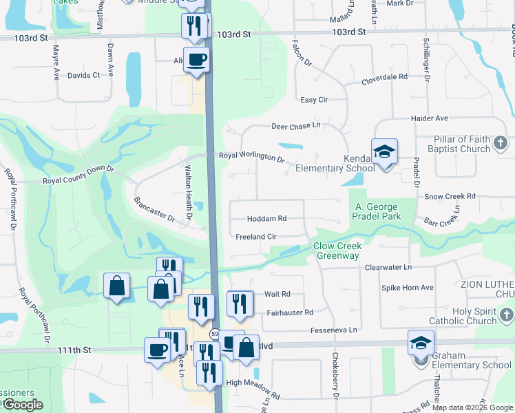 map of restaurants, bars, coffee shops, grocery stores, and more near 2632 Hoddam Road in Naperville