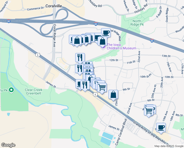 map of restaurants, bars, coffee shops, grocery stores, and more near 956 Boston Way in Coralville