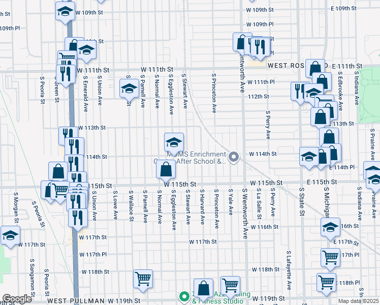 map of restaurants, bars, coffee shops, grocery stores, and more near 11355 South Stewart Avenue in Chicago