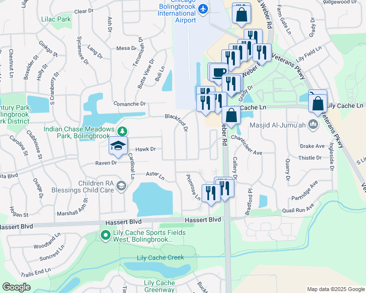 map of restaurants, bars, coffee shops, grocery stores, and more near 393 Blackfoot Drive in Bolingbrook
