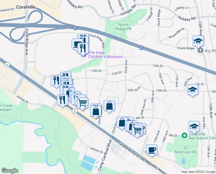 map of restaurants, bars, coffee shops, grocery stores, and more near 2260 10th Street in Coralville