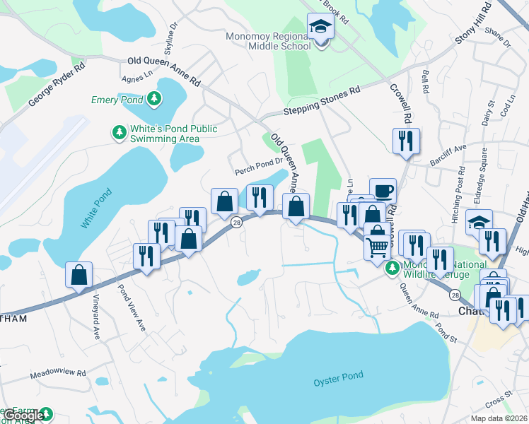 map of restaurants, bars, coffee shops, grocery stores, and more near 1077 Main Street in Chatham