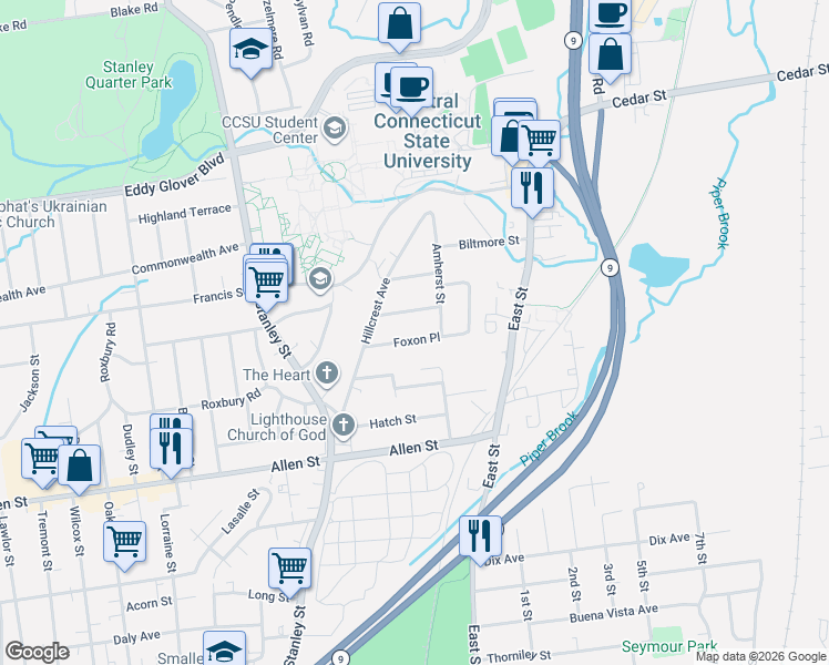 map of restaurants, bars, coffee shops, grocery stores, and more near 35 Foxon Place in New Britain