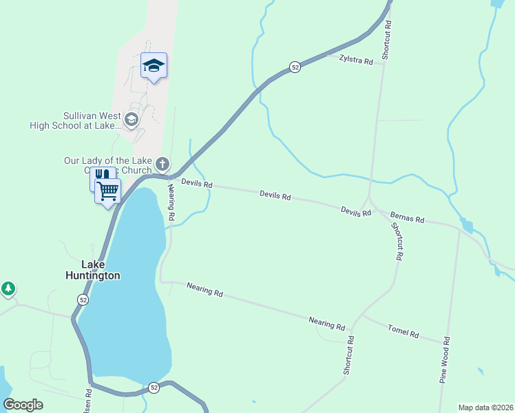 map of restaurants, bars, coffee shops, grocery stores, and more near 75 Devils Road in Lake Huntington