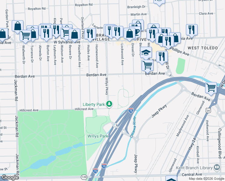 map of restaurants, bars, coffee shops, grocery stores, and more near 1239 Edgewood Drive in Toledo