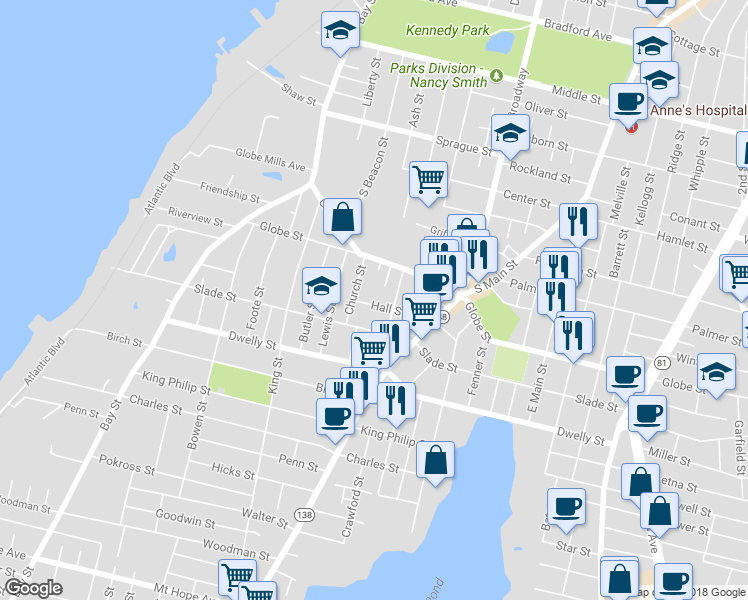 map of restaurants, bars, coffee shops, grocery stores, and more near 42 Hall Street in Fall River