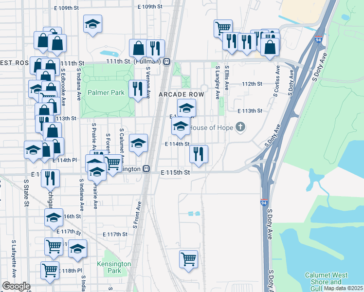 map of restaurants, bars, coffee shops, grocery stores, and more near 11429 South Forrestville Avenue in Chicago