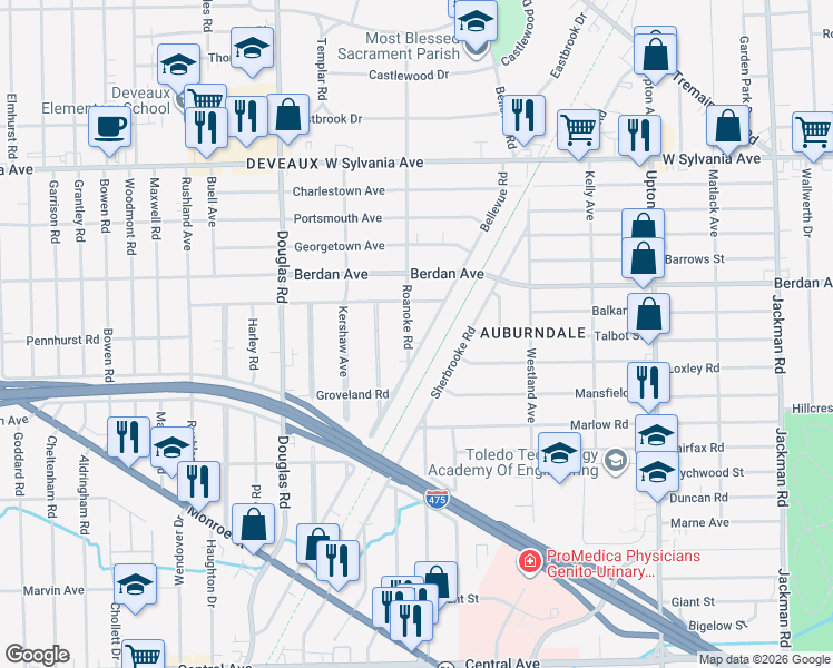 map of restaurants, bars, coffee shops, grocery stores, and more near 3644 Bellevue Road in Toledo