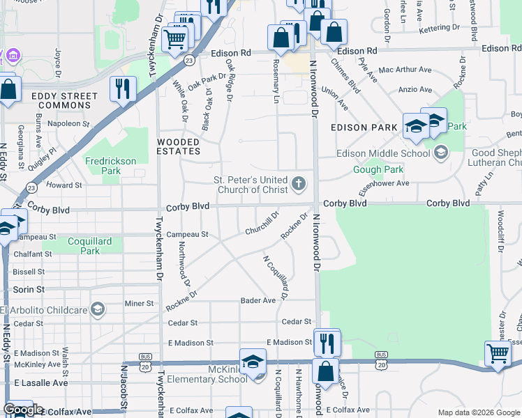map of restaurants, bars, coffee shops, grocery stores, and more near 805 Gartner Avenue in South Bend