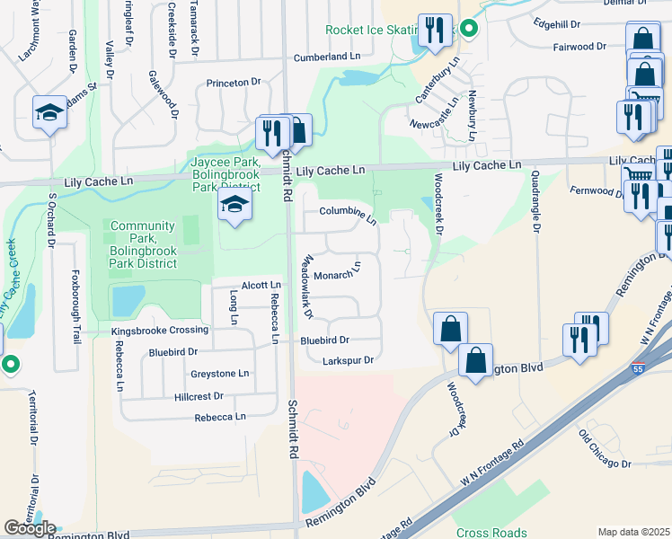 map of restaurants, bars, coffee shops, grocery stores, and more near 428 Hummingbird Lane in Bolingbrook
