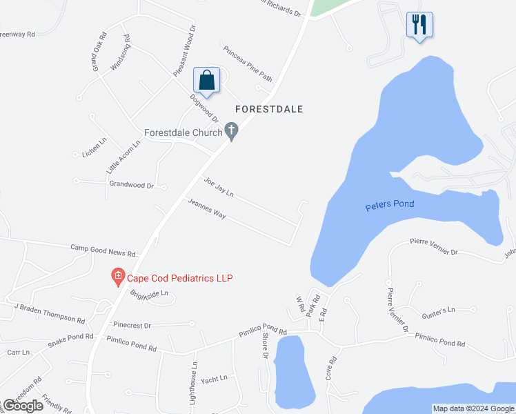 map of restaurants, bars, coffee shops, grocery stores, and more near 20 Joe Jay Lane in Sandwich