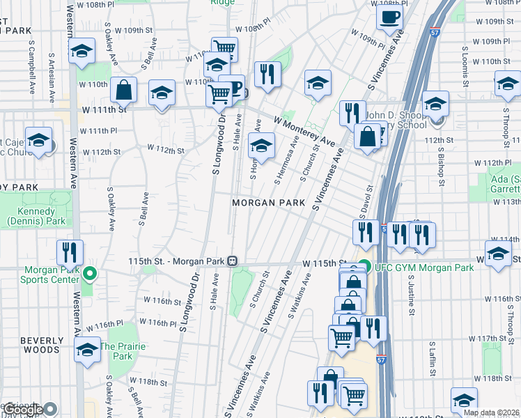 map of restaurants, bars, coffee shops, grocery stores, and more near 11344 South Hermosa Avenue in Chicago