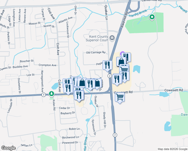 map of restaurants, bars, coffee shops, grocery stores, and more near 108 Country Drive in West Warwick